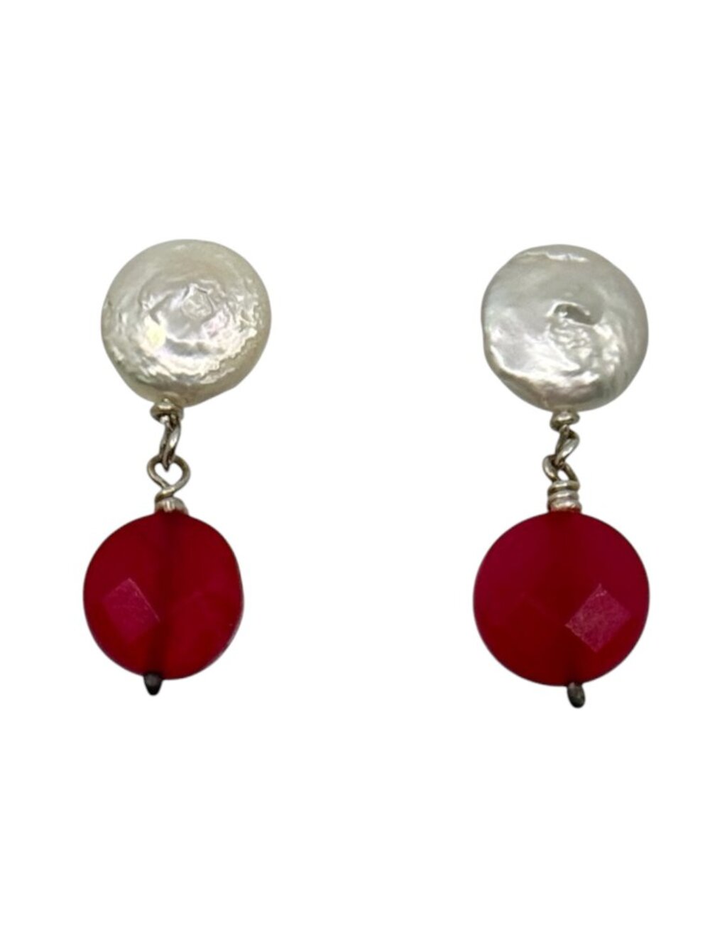 Hand Made sterling silver freshwater pearl & red chalcedony drop earrings